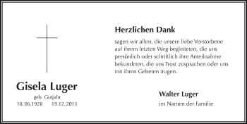 Traueranzeige von Gisela Luger von Pegnitz-Zeitung
